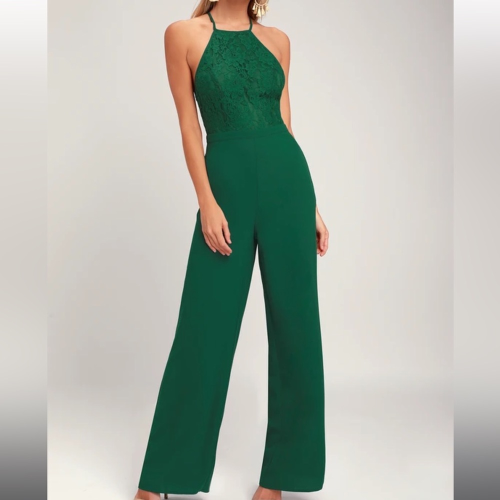 Lulu’s Stunna Forest Green Lace Backless Jumpsuit Small